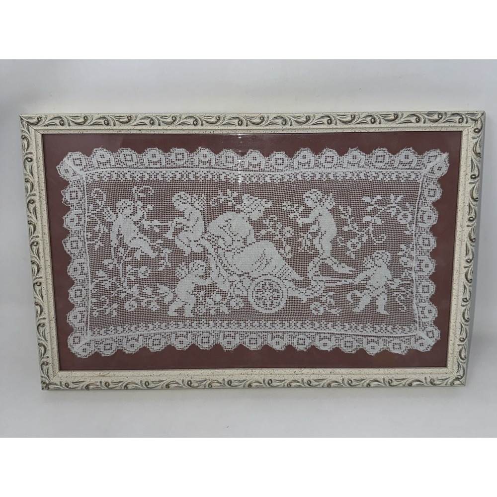 Antique Filet Lace Cherub Chariot Framed Art - Neoclassical Putti Wall Decor